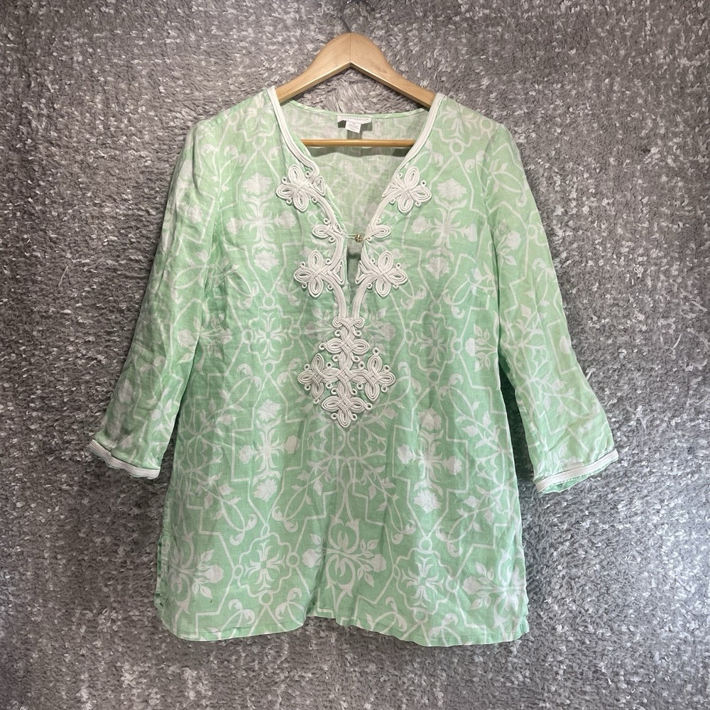 Charter Club Linen Tunic‎ Top 3/4 Sleeve Green White M Beach Coastal Preppy